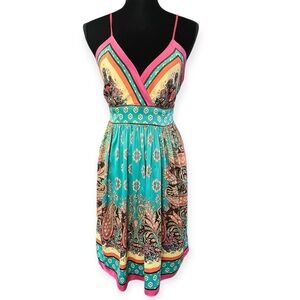 Nicole Miller Placed Paisley Empire Babydoll Dress Teal Pink Orange 12 hippie
